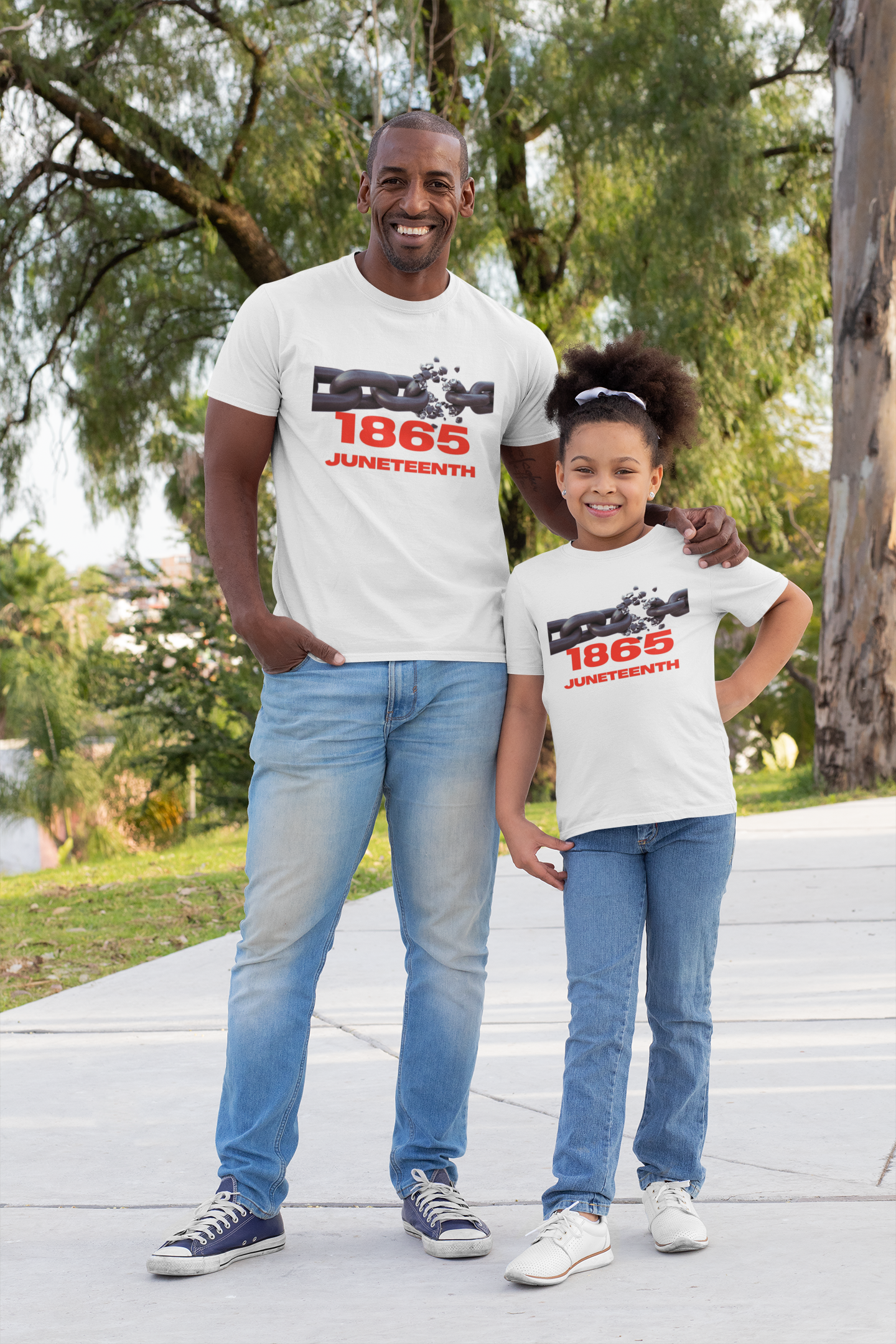 Breaking the chain, 1865 Juneteenth commemoration, father and daughter, white t-shirt