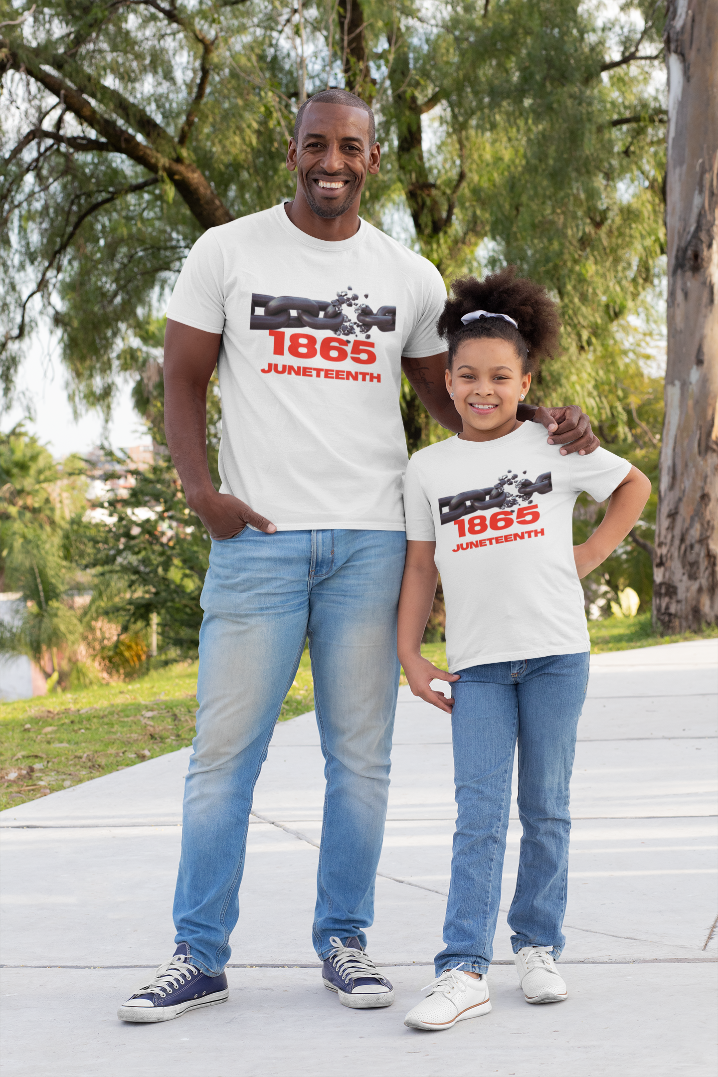 Breaking the chain, 1865 Juneteenth commemoration, father and daughter, white t-shirt 