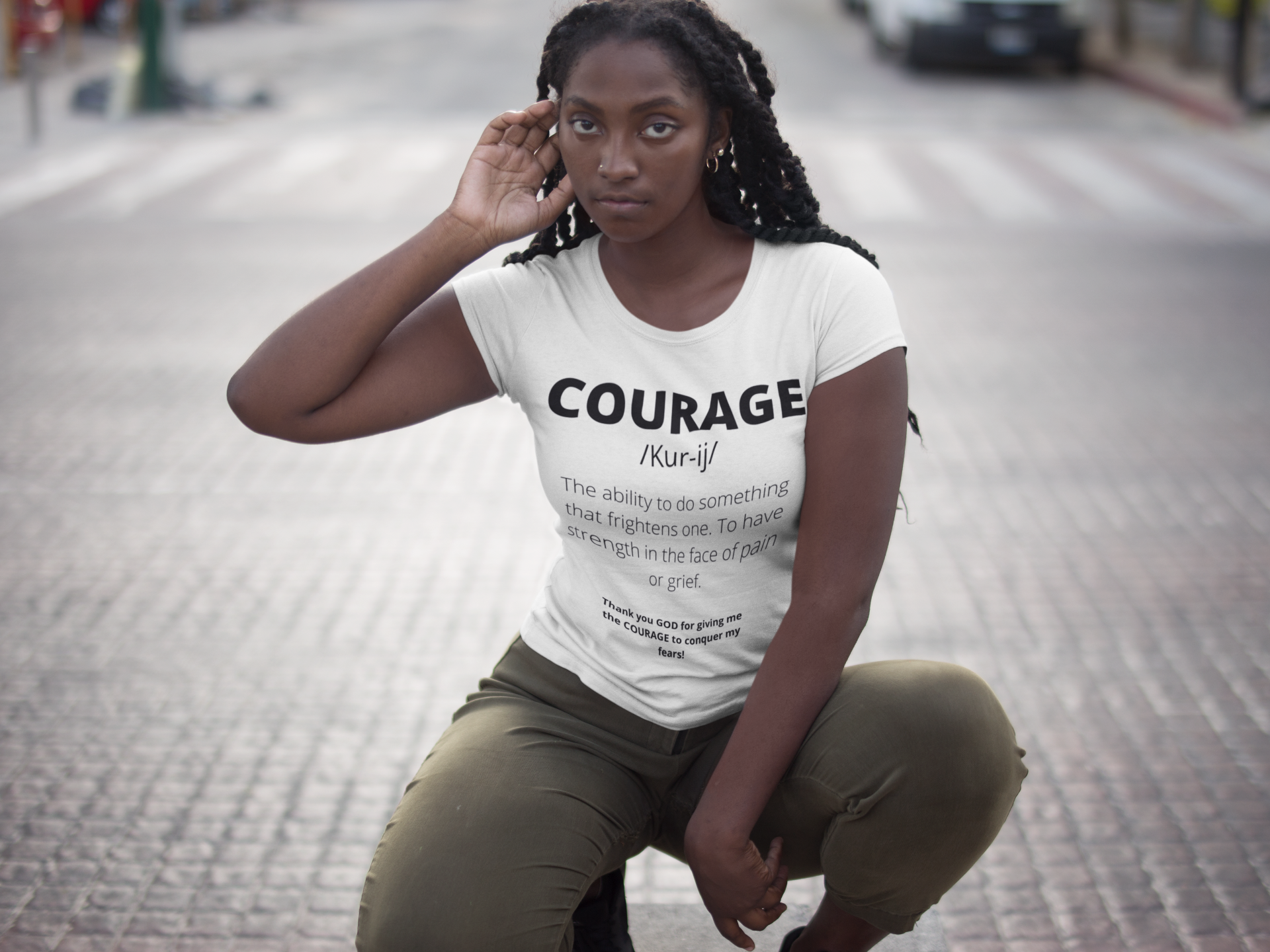 Courage T-shirts. White with black letters. 